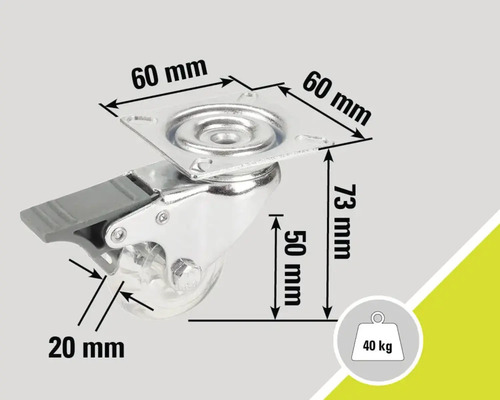 Roue pivotante avec frein, dimensions 60 x 60 x 73 mm, taille de la roue 50 mm, capacité de charge 40 kg