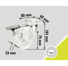 Roue pivotante avec frein et les dimensions 60 mm, 75 mm, 23 mm et 101 mm, capacité de charge 40 kg