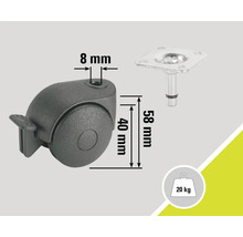 Roulette pour meuble avec frein, diamètre de tige 8 millimètres, diamètre de roue 40 millimètres, longueur de tige 58 millimètres, capacité de charge 20 kilogrammes
