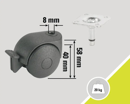 Roulette pour meuble avec frein, diamètre de tige 8 millimètres, diamètre de roue 40 millimètres, longueur de tige 58 millimètres, capacité de charge 20 kilogrammes