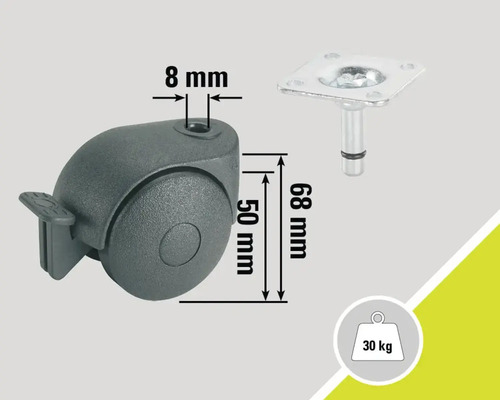 Möbelrolle mit Feststellbremse und Befestigungsplatte, Belastbarkeit bis 30 Kilogramm, Durchmesser 50 Millimeter
