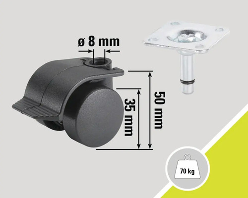 Roulette pour meubles avec frein, diamètre de roue de 35 mm et capacité de charge de 70 kg