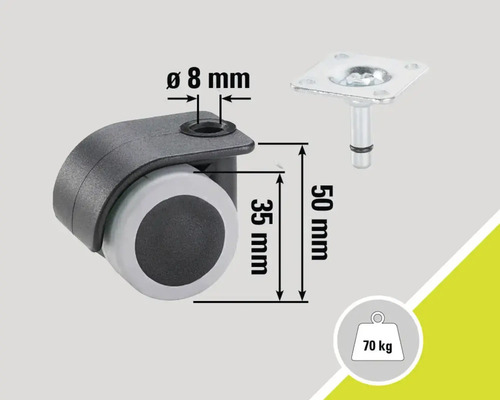 Roulette pour meubles avec tige, hauteur 50 mm et capacité de charge 70 kilogrammes
