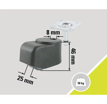 Roulette pour meubles avec plaque, capacité de charge de 50 kilogrammes et indications de dimension