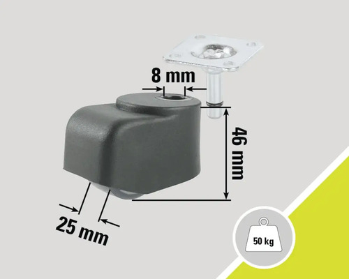 Roulette pour meubles avec plaque, capacité de charge de 50 kilogrammes et indications de dimension