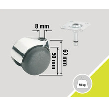 Roulette pour meubles avec une capacité de charge de 50 kilogrammes, une hauteur de 60 millimètres et un diamètre de tige de 8 millimètres