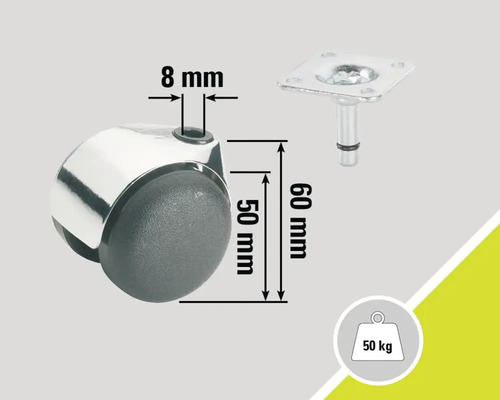 Roulette pour meubles avec une capacité de charge de 50 kilogrammes, une hauteur de 60 millimètres et un diamètre de tige de 8 millimètres