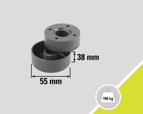 Pied de meuble avec des dimensions de 55 mm et 38 mm, capacité de charge jusqu'à 100 kg