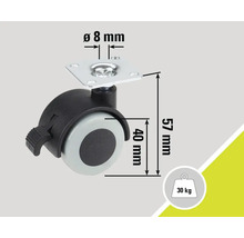 Roulette pour meubles avec frein, diamètre 40 millimètres, capacité de charge 30 kilogrammes