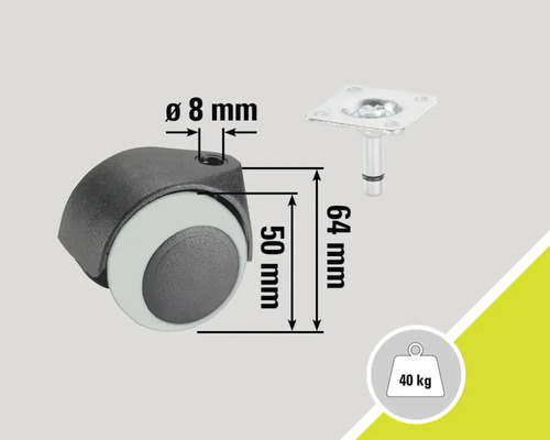 Roue de meuble avec tige et plaque, capacité de charge 40 kilogrammes, indications de dimension