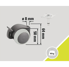 Roue de meuble avec frein de blocage et informations sur les dimensions et la capacité de charge