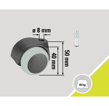 Roulette pour meubles avec tige et une capacité de charge de 40 kilogrammes, diamètre huit millimètres