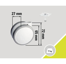 Roue avec dimensions de 27 mm de largeur, 65 mm de diamètre de roue et 72 mm de hauteur totale