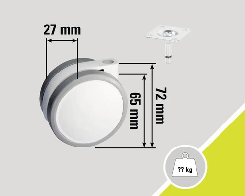 Roue avec dimensions de 27 mm de largeur, 65 mm de diamètre de roue et 72 mm de hauteur totale