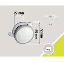 Roulette de meubles avec frein de stationnement et dimensions de 27 mm, 65 mm et 72 mm, capacité de charge maximale de 50 kilogrammes
