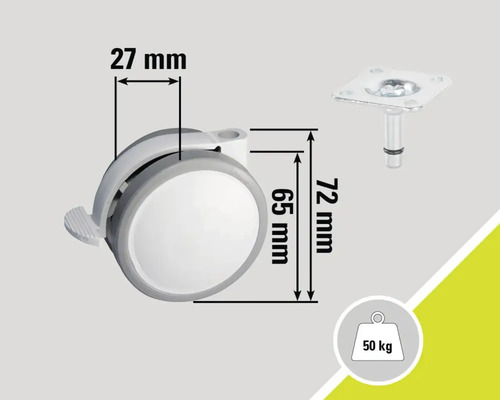 Roulette de meubles avec frein de stationnement et dimensions de 27 mm, 65 mm et 72 mm, capacité de charge maximale de 50 kilogrammes
