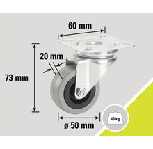 "Roue pivotante avec des dimensions de 73 mm de hauteur, 50 mm de diamètre de roue, 20 mm de largeur de roue et 60 mm de dimension de platine 