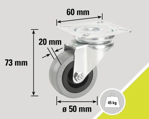 "Roue pivotante avec des dimensions de 73 mm de hauteur, 50 mm de diamètre de roue, 20 mm de largeur de roue et 60 mm de dimension de platine 