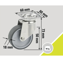 Roue pivotante avec des dimensions de 60 mm, 18 mm et 73 mm et une capacité de charge de 40 kg