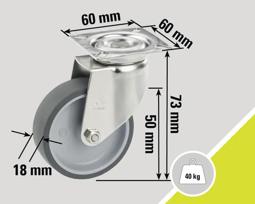 Roue pivotante avec des dimensions de 60 mm, 18 mm et 73 mm et une capacité de charge de 40 kg
