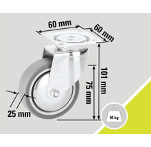 Roue pivotante avec des dimensions de 60 mm x 60 mm, 101 mm et 75 mm, capacité de charge de 50 kg