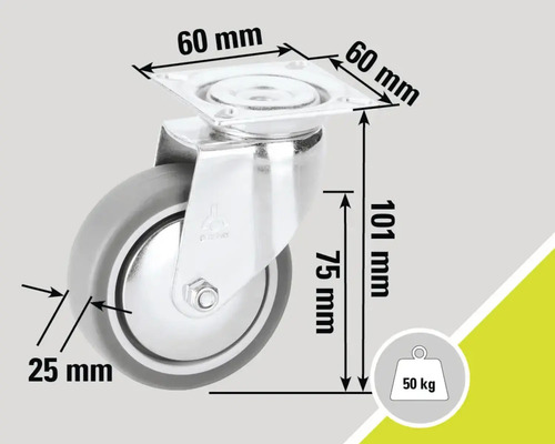 Roue pivotante avec des dimensions de 60 mm x 60 mm, 101 mm et 75 mm, capacité de charge de 50 kg