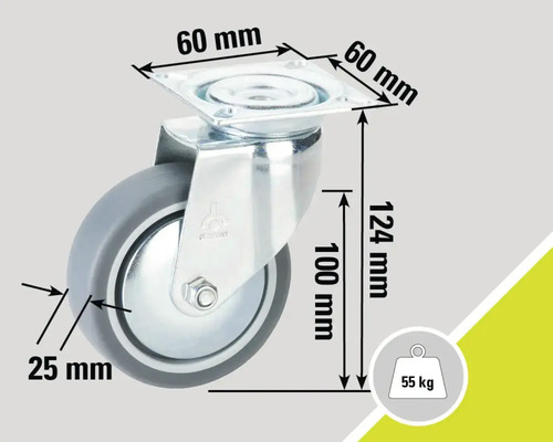 Lenkrolle mit einer Traglast von 55 Kilogramm und den Maßen 60 x 60 Millimeter, 124 Millimeter und 25 Millimeter