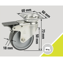 Roue pivotante avec frein et dimensions : plaque de montage de 60 mm, épaisseur de roue de 18 mm, hauteur de construction de 73 mm, capacité de charge de 40 kg