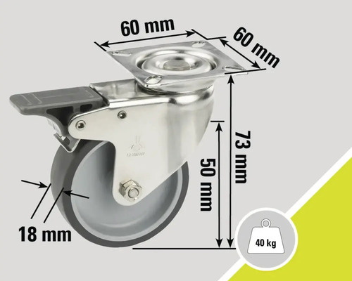 Roue pivotante avec frein et dimensions : plaque de montage de 60 mm, épaisseur de roue de 18 mm, hauteur de construction de 73 mm, capacité de charge de 40 kg