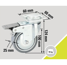Roue pivotante avec frein et indications de dimension : plaque de 60 mm x 60 mm, hauteur de 124 mm, diamètre de roue de 100 mm, largeur de roue de 25 mm, capacité de charge de 55 kg