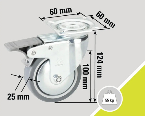 Roue pivotante avec frein et indications de dimension : plaque de 60 mm x 60 mm, hauteur de 124 mm, diamètre de roue de 100 mm, largeur de roue de 25 mm, capacité de charge de 55 kg