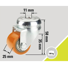 Roue pivotante avec des dimensions de 58 mm de hauteur, 25 mm de diamètre de roue et 11 mm de diamètre d'alésage, capacité de charge de 100 kg