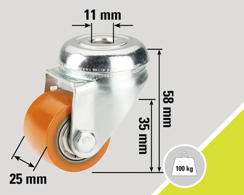 Roue pivotante avec des dimensions de 58 mm de hauteur, 25 mm de diamètre de roue et 11 mm de diamètre d'alésage, capacité de charge de 100 kg