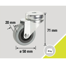 Roue pivotante avec des dimensions de 50 mm de diamètre, 20 mm de largeur et 71 mm de hauteur, capacité de charge de 45 kg