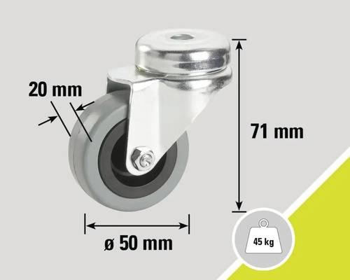 Roue pivotante avec des dimensions de 50 mm de diamètre, 20 mm de largeur et 71 mm de hauteur, capacité de charge de 45 kg