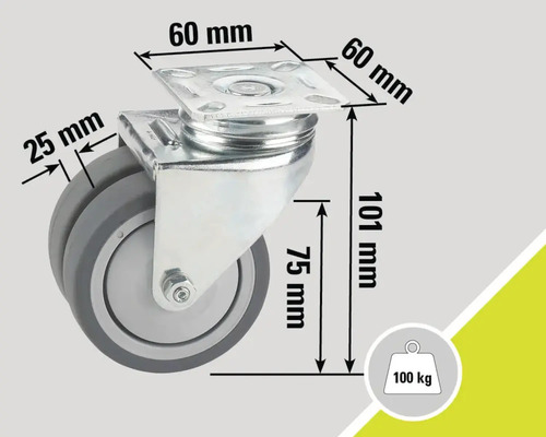 Roue pivotante avec indication des dimensions : plaque de fixation de 60 mm, largeur de roue de 25 mm, hauteur totale de 101 mm, hauteur de construction de 75 mm, capacité de charge de 100 kg