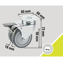 Roue pivotante avec frein et indications de dimensions 60 mm, 73 mm, 50 mm et 18 mm, capacité de charge 80 kg
