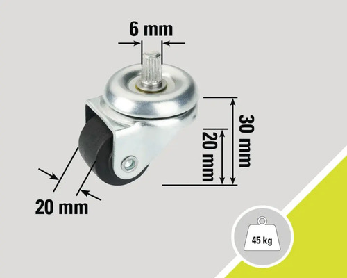 Roulette pour meubles avec tige, diamètre de tige 6 mm, diamètre de roue 20 mm et capacité de charge 45 kg
