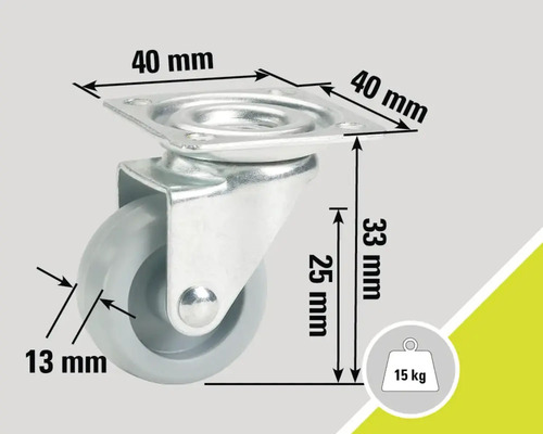 Roue pivotante avec plaque de 40 millimètres et capacité de charge de 15 kilogrammes