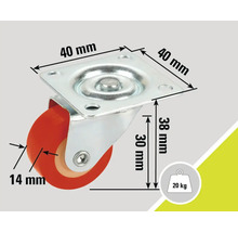 Roue pivotante avec une capacité de charge de 20 kilogrammes et des dimensions de 40 x 40 x 38 millimètres