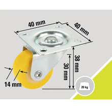 Roue pivotante avec des dimensions de 40 x 40 millimètres, une hauteur de montage de 38 millimètres, une épaisseur de roue de 14 millimètres et une capacité de charge de 20 kilogrammes