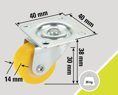 Roue pivotante avec des dimensions de 40 x 40 millimètres, une hauteur de montage de 38 millimètres, une épaisseur de roue de 14 millimètres et une capacité de charge de 20 kilogrammes