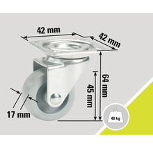Roue de meuble avec une capacité de charge de 40 kilogrammes et des dimensions de 42 x 42 x 64 millimètres