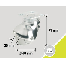 Roue de meuble d'un diamètre de 40 mm, d'une capacité de charge de 25 kg et d'une hauteur de 71 mm.