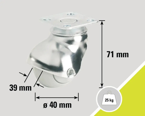Roue de meuble d'un diamètre de 40 mm, d'une capacité de charge de 25 kg et d'une hauteur de 71 mm.