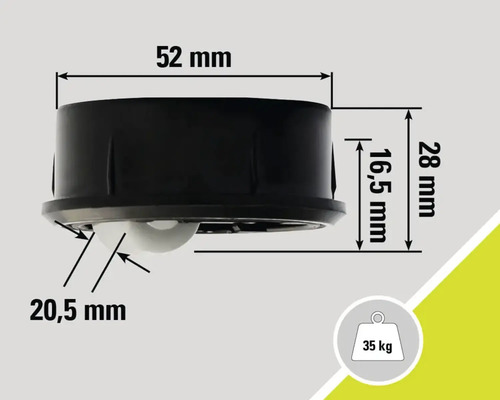Schéma technique roulette pivotante avec les dimensions 52 mm, 28 mm, 16,5 mm et 20,5 mm et une capacité de charge de 35 kg