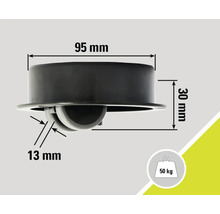 Dessin technique d'un rouleau à meubles mesurant 95 mm de large et 30 mm de haut, capacité de charge 50 kg