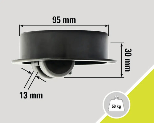 Dessin technique d'un rouleau à meubles mesurant 95 mm de large et 30 mm de haut, capacité de charge 50 kg