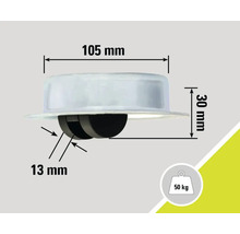 Roue de meuble avec des dimensions de 105 mm de largeur et 30 mm de hauteur, capacité de charge de 50 kg