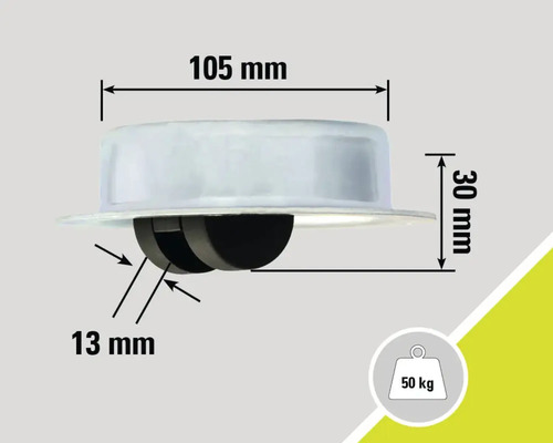 Roue de meuble avec des dimensions de 105 mm de largeur et 30 mm de hauteur, capacité de charge de 50 kg